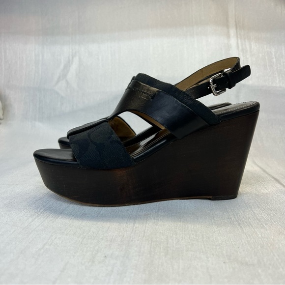 Coach 6 B Black Leather Signature Jacquard Platform Wedge Heels Sandal Campbell - Picture 4 of 10